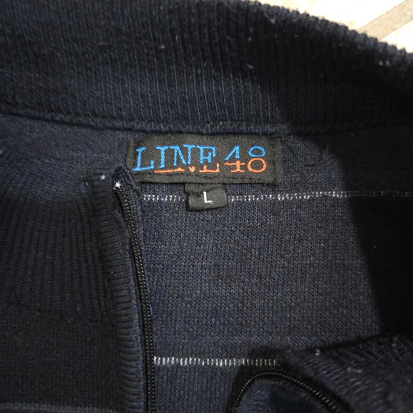 Line 48 Mens Large Navy Blue White Stripe 1/4 Zip Mock Neck Sweater Preppy VTG - Picture 4 of 8